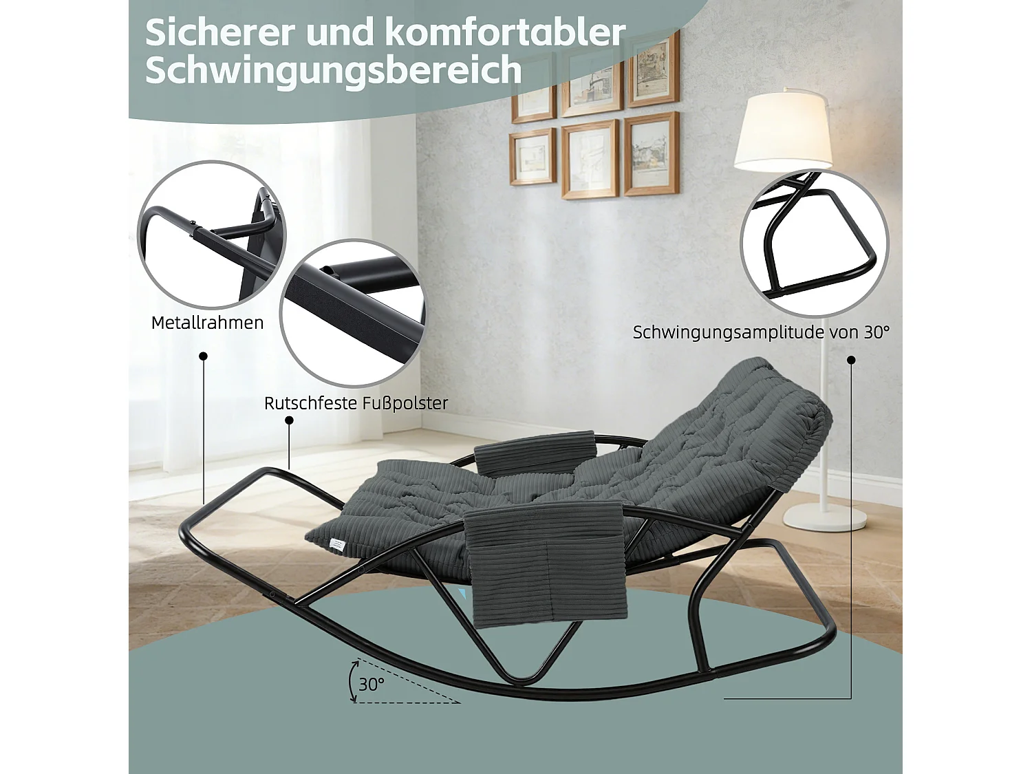 Fauteuil à bascule 2 places avec coussin en tissu rayé – chaise lounge confortable à structure en acier pour balcon, terrasse ou salon