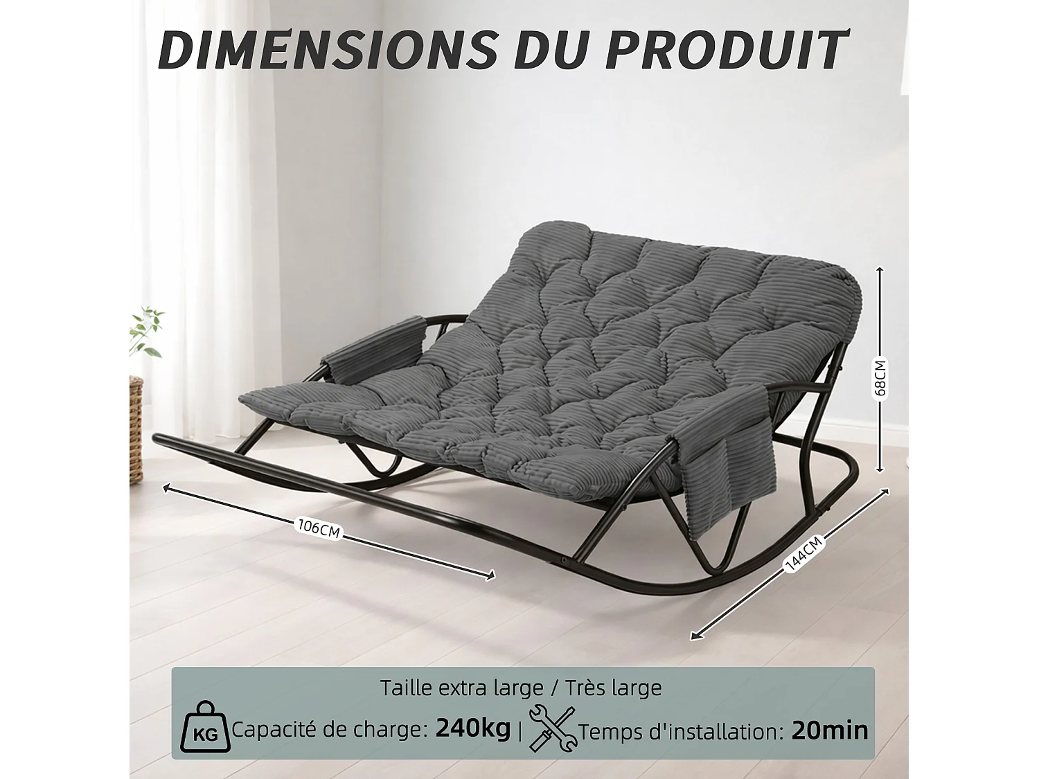 Fauteuil à bascule 2 places avec coussin en tissu rayé – chaise lounge confortable à structure en acier pour balcon, terrasse ou salon