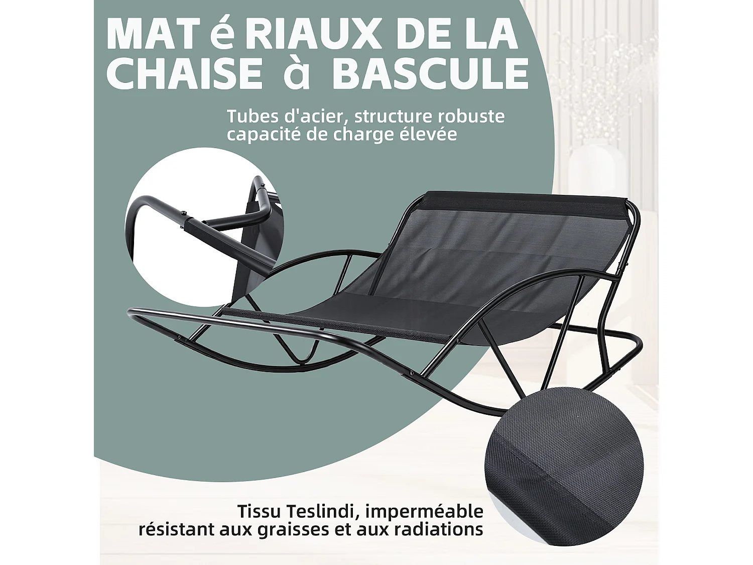 Fauteuil à bascule 2 places avec coussin en tissu rayé – chaise lounge confortable à structure en acier pour balcon, terrasse ou salon