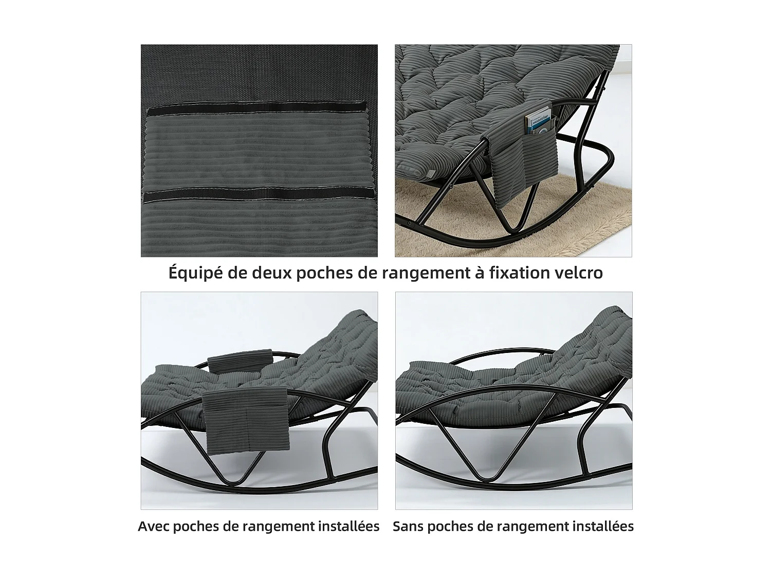 Fauteuil à bascule 2 places avec coussin en tissu rayé – chaise lounge confortable à structure en acier pour balcon, terrasse ou salon