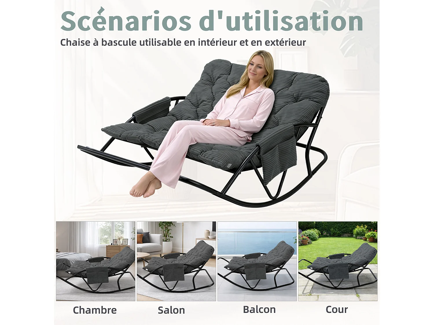 Fauteuil à bascule 2 places avec coussin en tissu rayé – chaise lounge confortable à structure en acier pour balcon, terrasse ou salon