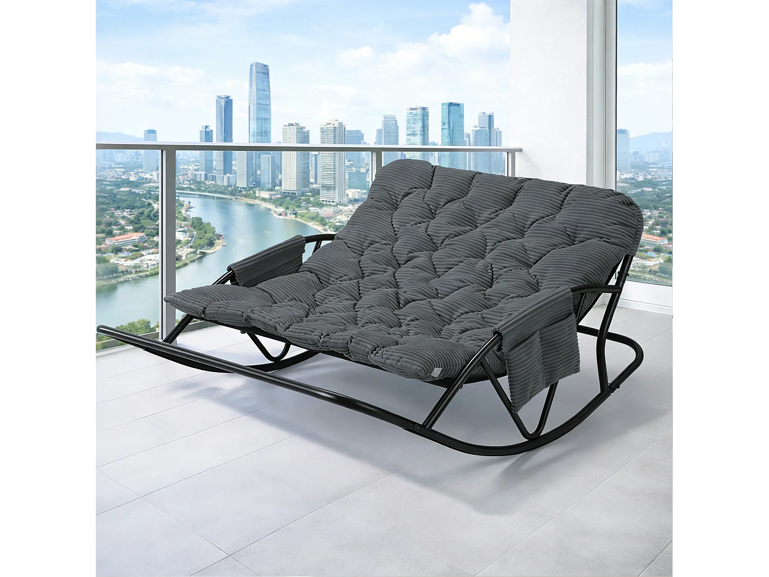 Fauteuil à bascule 2 places avec coussin en tissu rayé – chaise lounge confortable à structure en acier pour balcon, terrasse ou salon