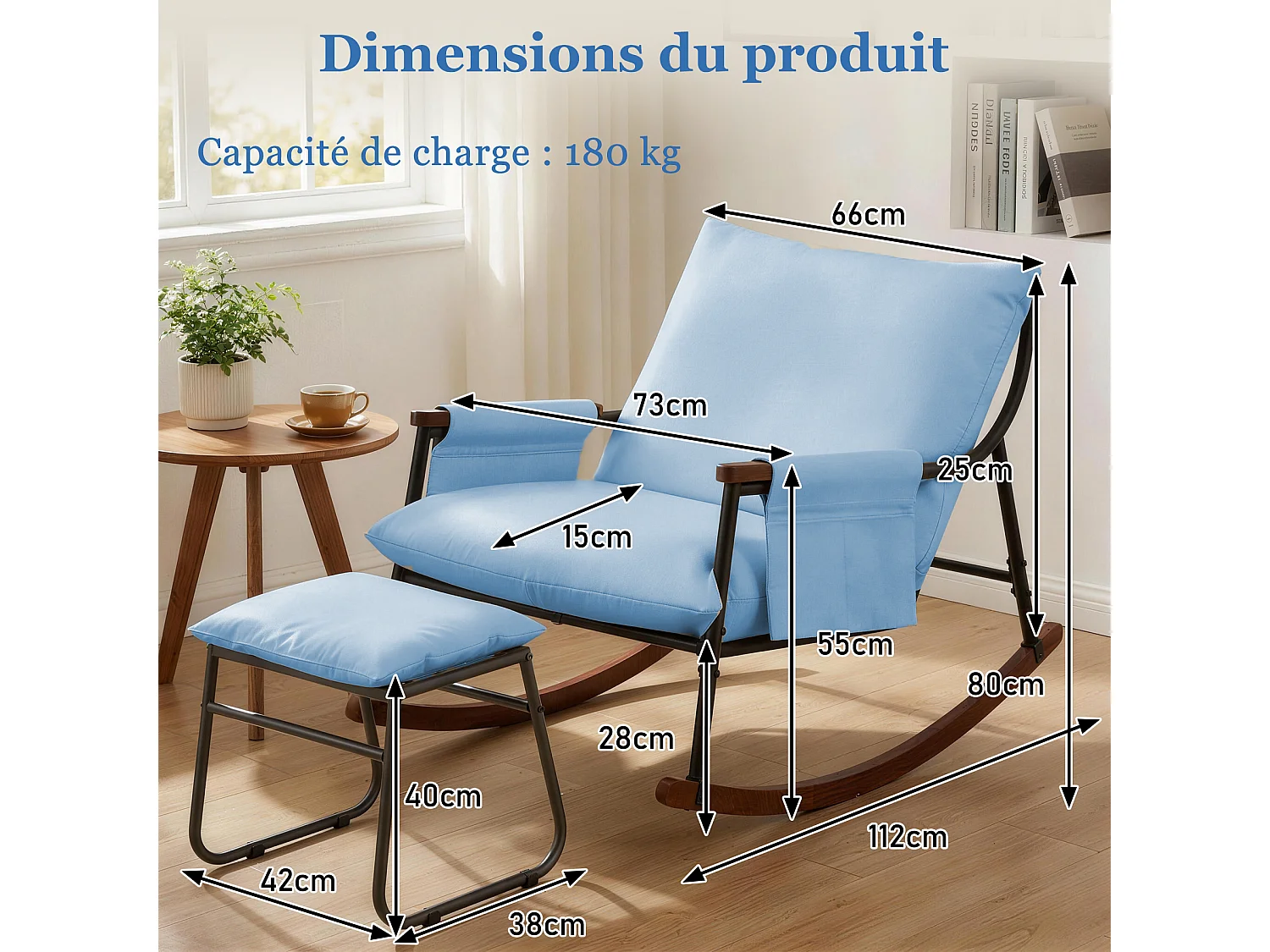 Élégant et Durable – Fauteuil à Bascule en Métal avec Accoudoirs en Bois et Repose-pieds, Coussin Épais de 15 cm, Revêtement en Tissu Technique Moderne, Parfait pou