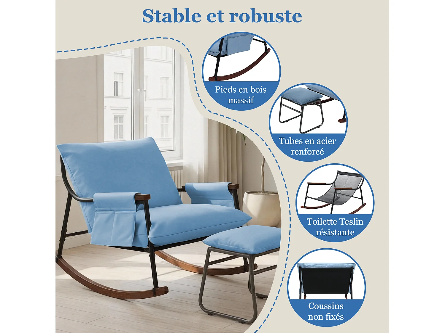 Élégant et Durable – Fauteuil à Bascule en Métal avec Accoudoirs en Bois et Repose-pieds, Coussin Épais de 15 cm, Revêtement en Tissu Technique Moderne, Parfait pou