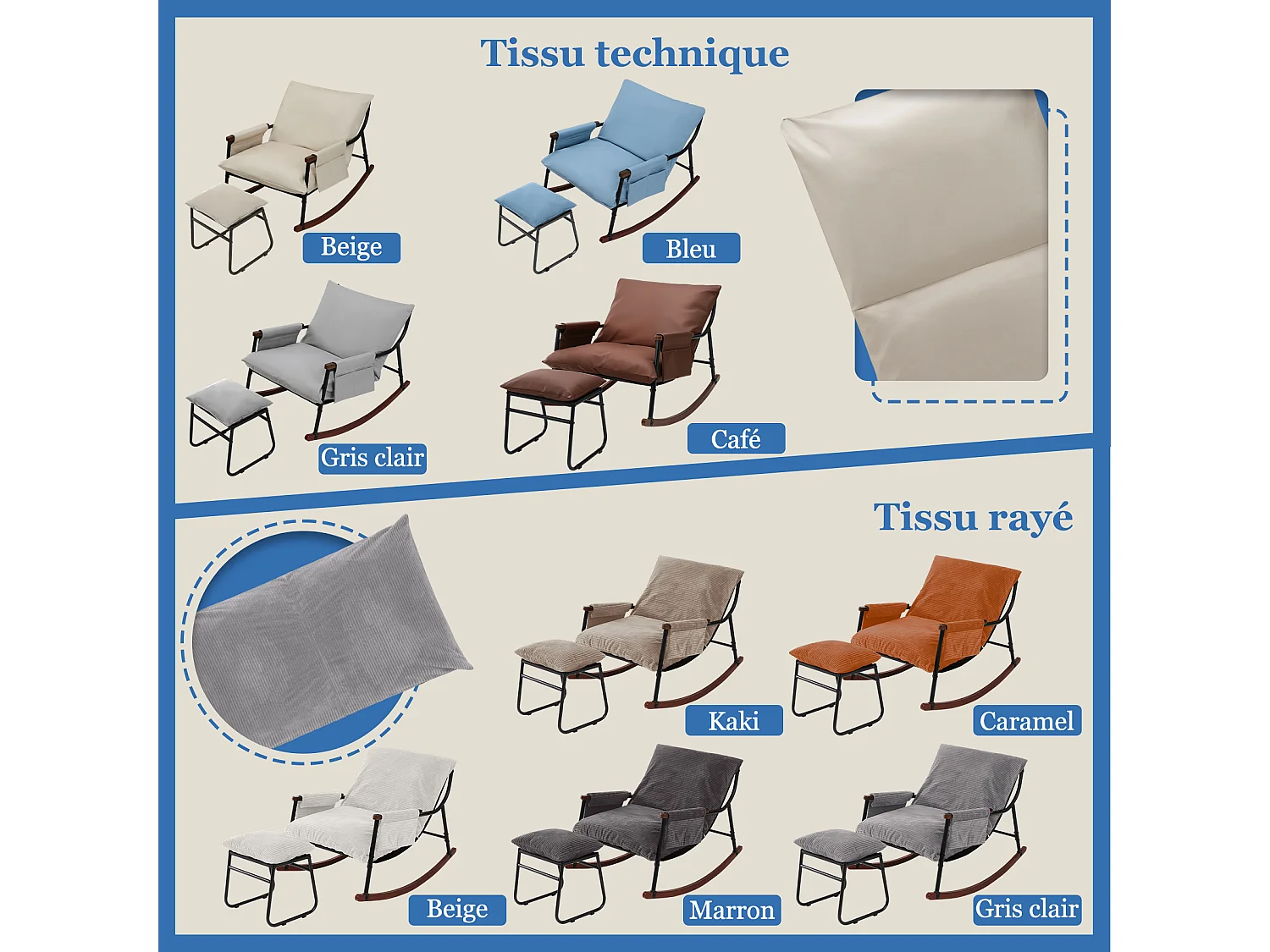 Élégant et Durable – Fauteuil à Bascule en Métal avec Accoudoirs en Bois et Repose-pieds, Coussin Épais de 15 cm, Revêtement en Tissu Technique Moderne, Parfait pou