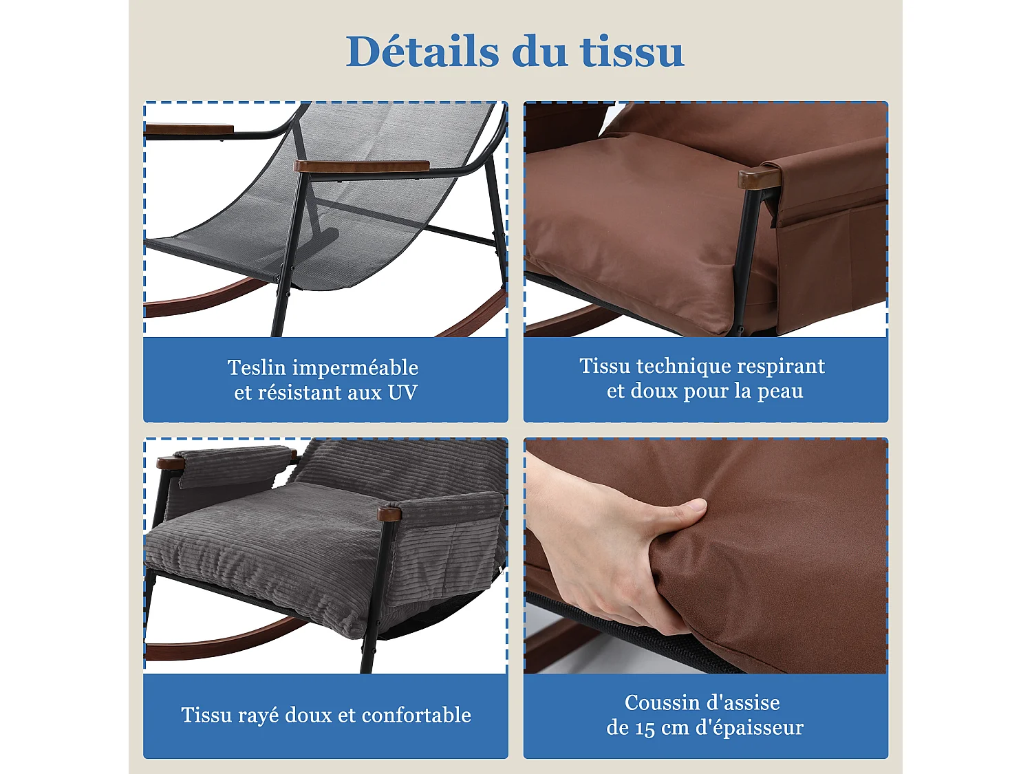 Élégant et Durable – Fauteuil à Bascule en Métal avec Accoudoirs en Bois et Repose-pieds, Coussin Épais de 15 cm, Revêtement en Tissu Technique Moderne, Parfait pou