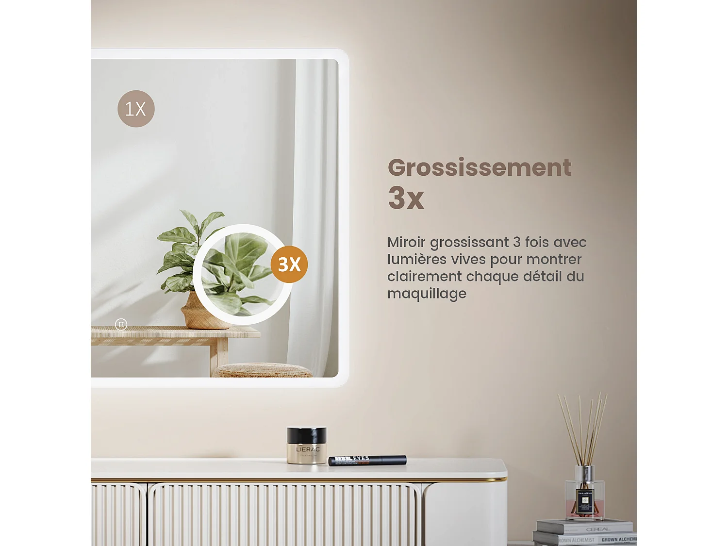 Miroir de salle de bain LED 80x60cm grossissant x3 tactile anti-buée EMKE
