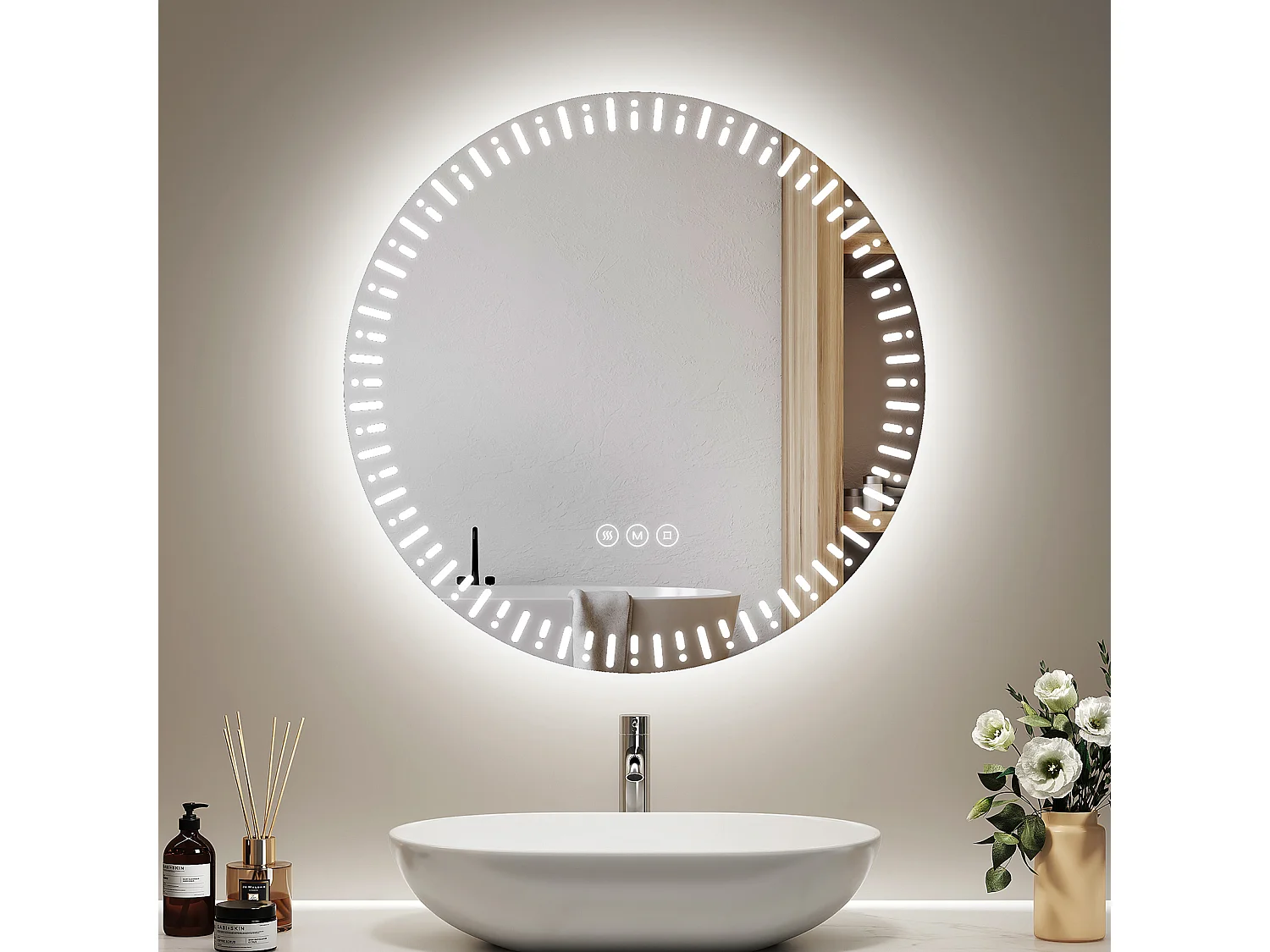Miroir de salle de bain LED rond ф60cm tactile anti-buée tri-couleur EMKE