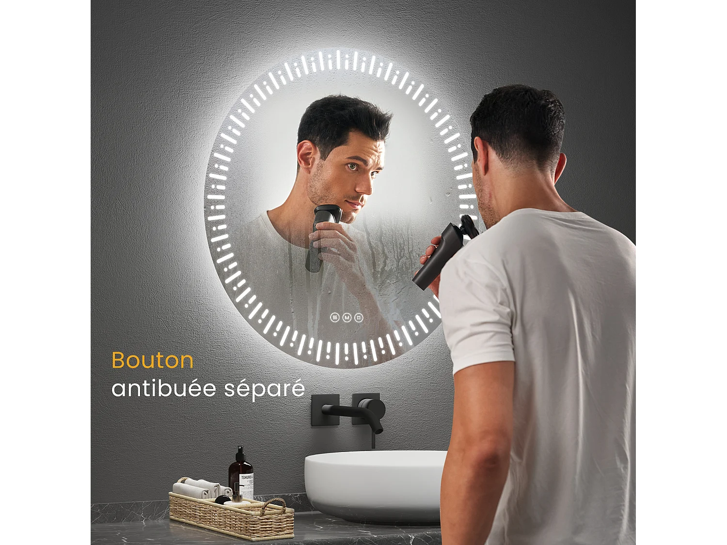 Miroir de salle de bain LED rond ф60cm tactile anti-buée tri-couleur EMKE