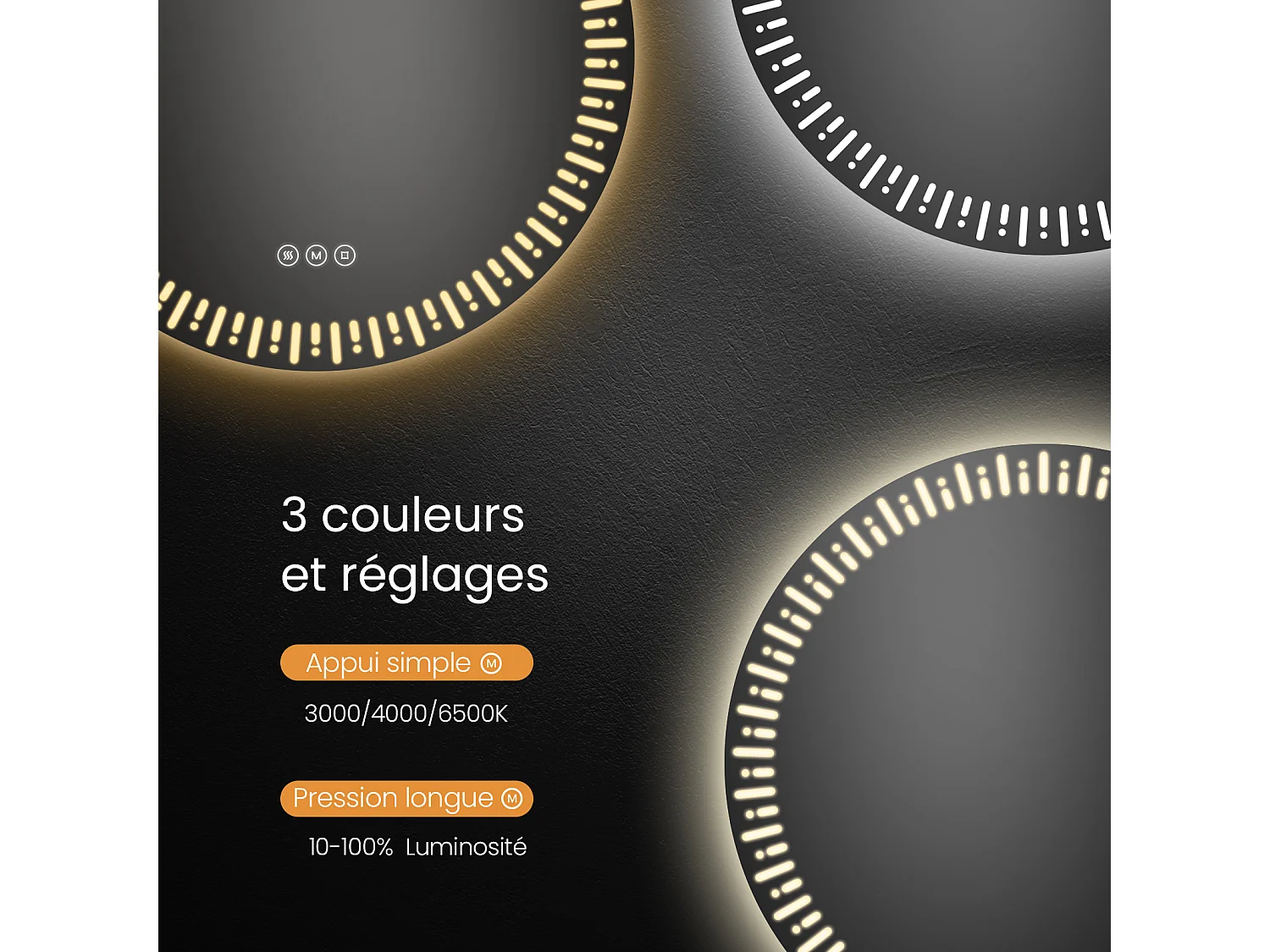 Miroir de salle de bain LED rond ф60cm tactile anti-buée tri-couleur EMKE