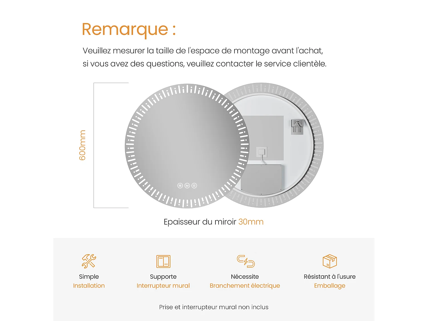 Miroir de salle de bain LED rond ф60cm tactile anti-buée tri-couleur EMKE