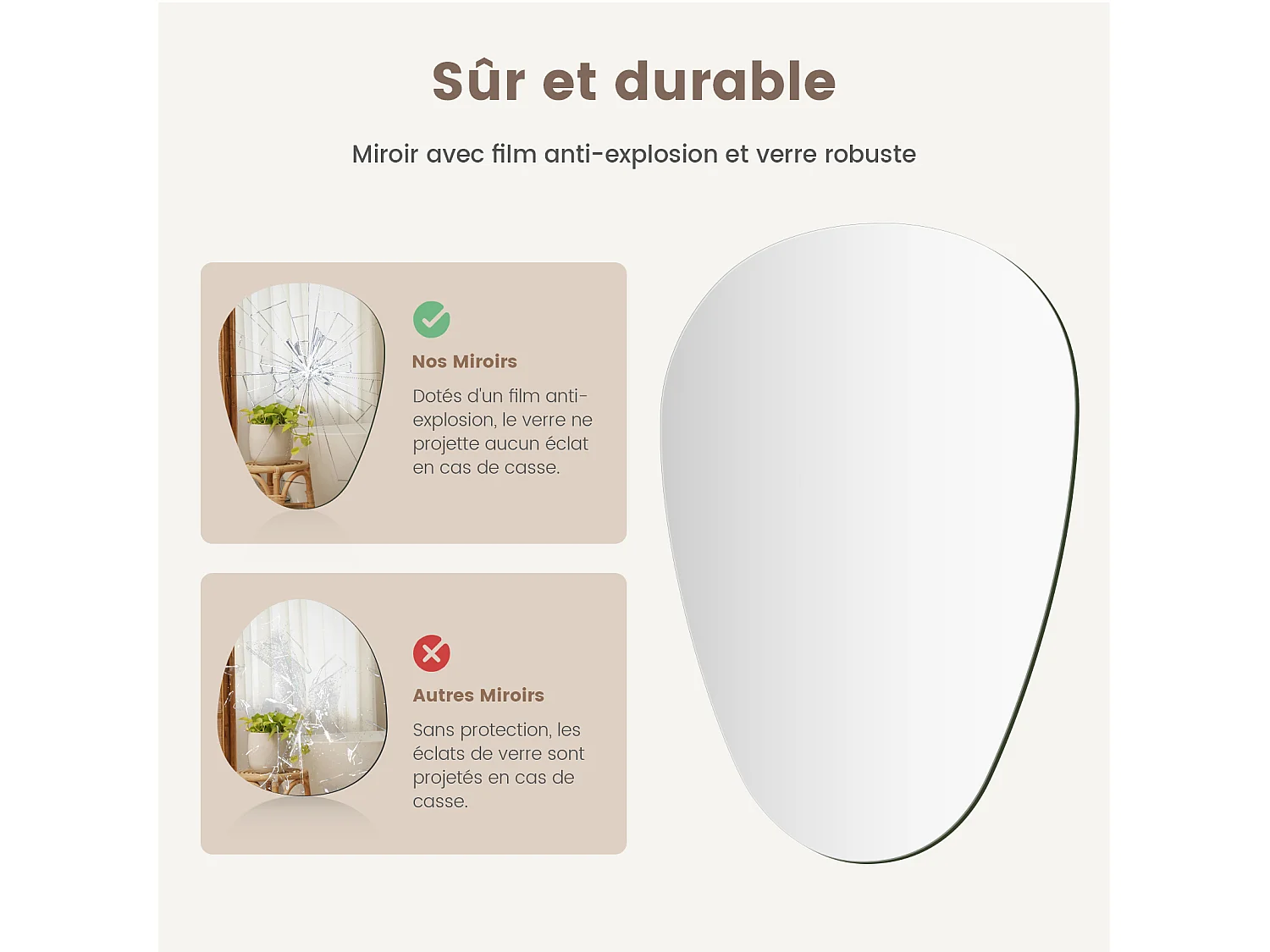 EMKE Miroir mural asymétrique irrégulier salle de bain H.60 x L.45 cm