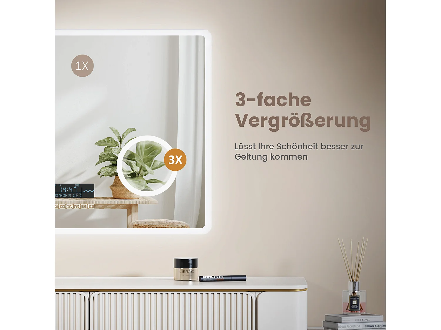 LED Badspiegel 80x60cm Uhr 3x Vergrößerung Kaltweiß Touch EMKE