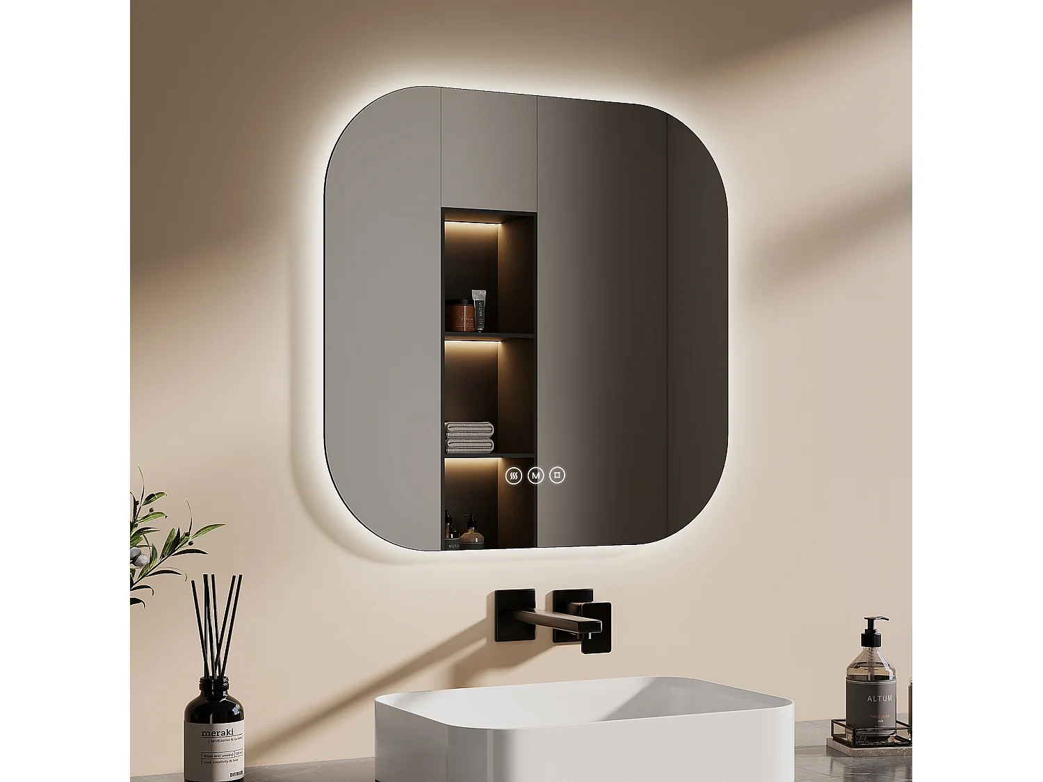 Miroir de salle de bain LED 60x60cm rétro-éclairé tactile anti-buée EMKE