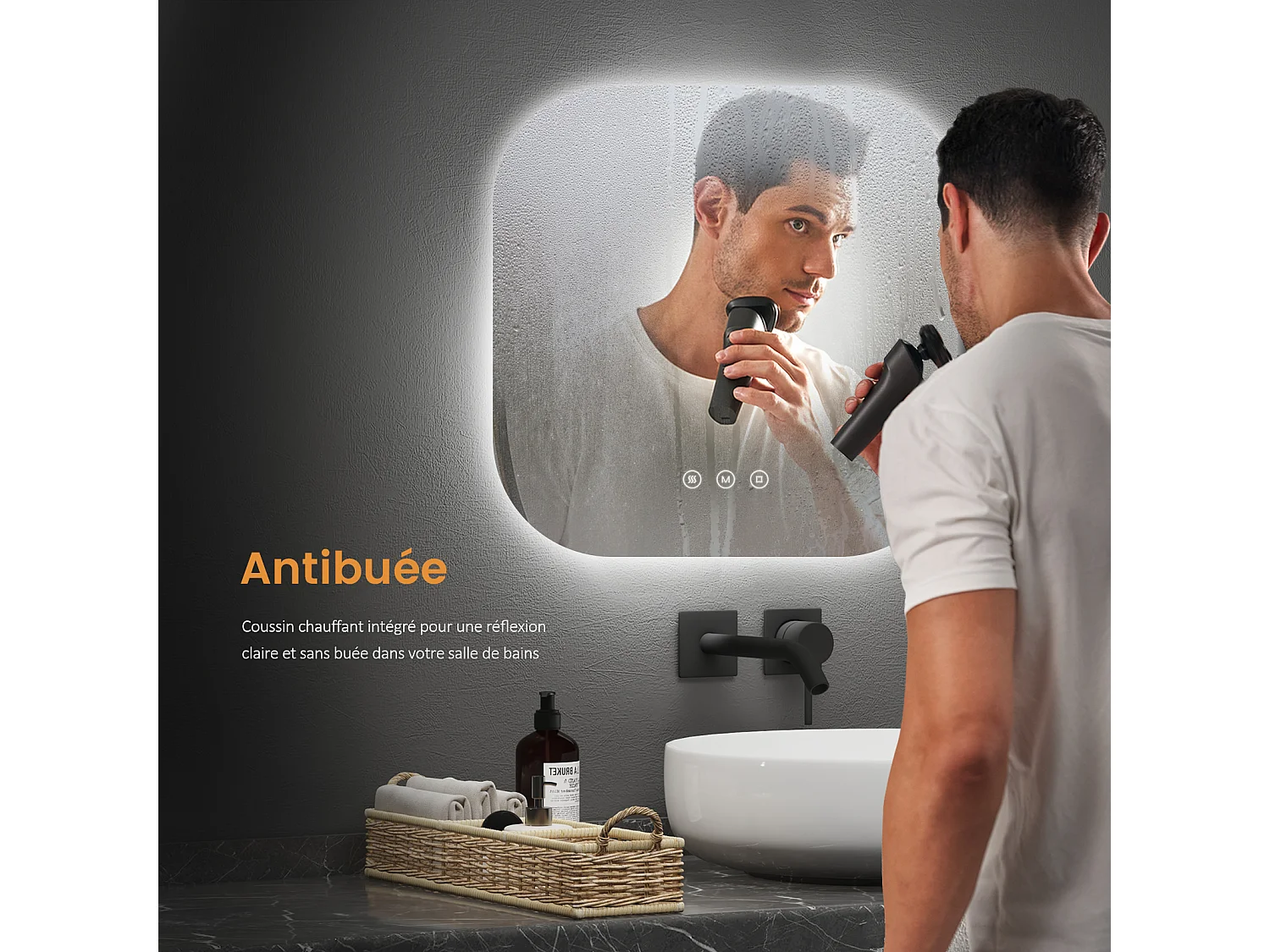 Miroir de salle de bain LED 60x60cm rétro-éclairé tactile anti-buée EMKE