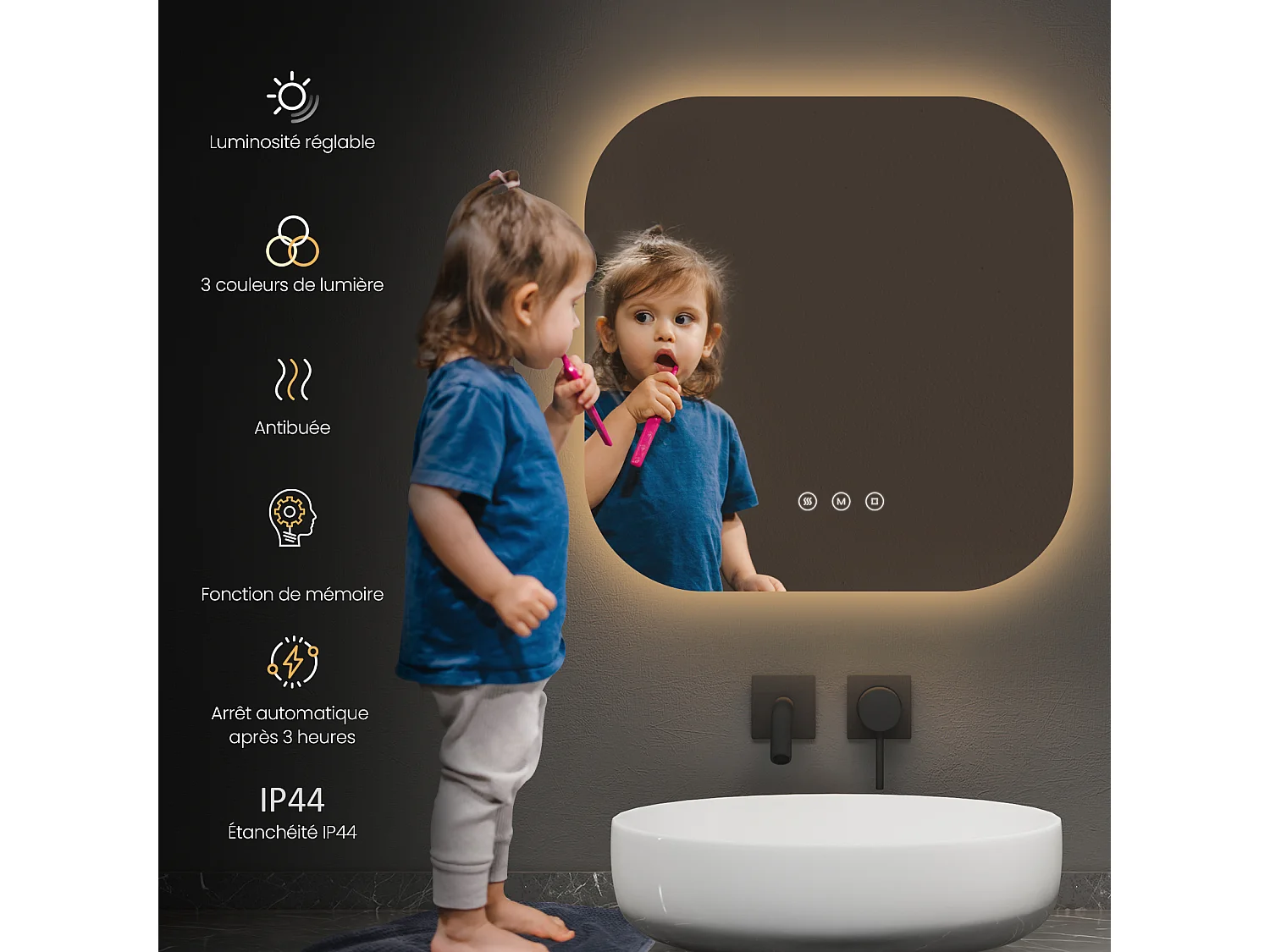 Miroir de salle de bain LED 60x60cm rétro-éclairé tactile anti-buée EMKE