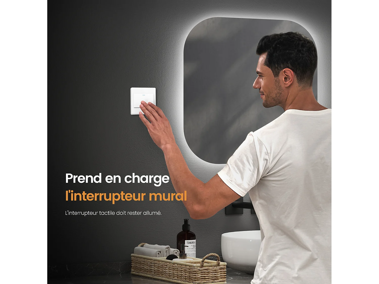Miroir de salle de bain LED 60x60cm rétro-éclairé tactile anti-buée EMKE