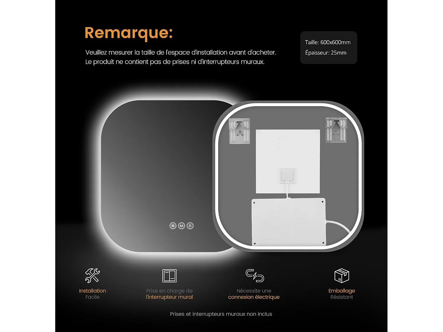 EMKE Miroir LED carré de Salle de Bain 60 x 60 cm, Sans cadre, Anti-buée, Intensité réglable 3 couleurs