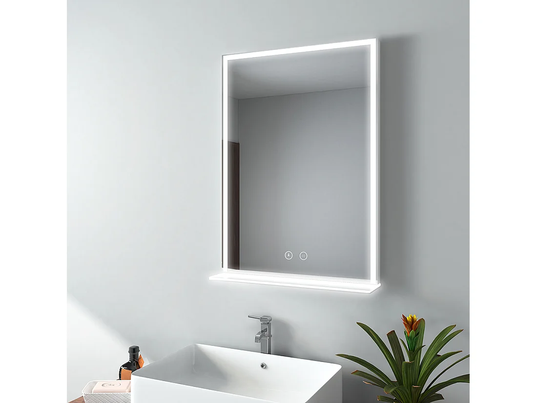 Miroir de salle de bain LED 80 x 60 cm avec étagère tactile anti-buée EMKE