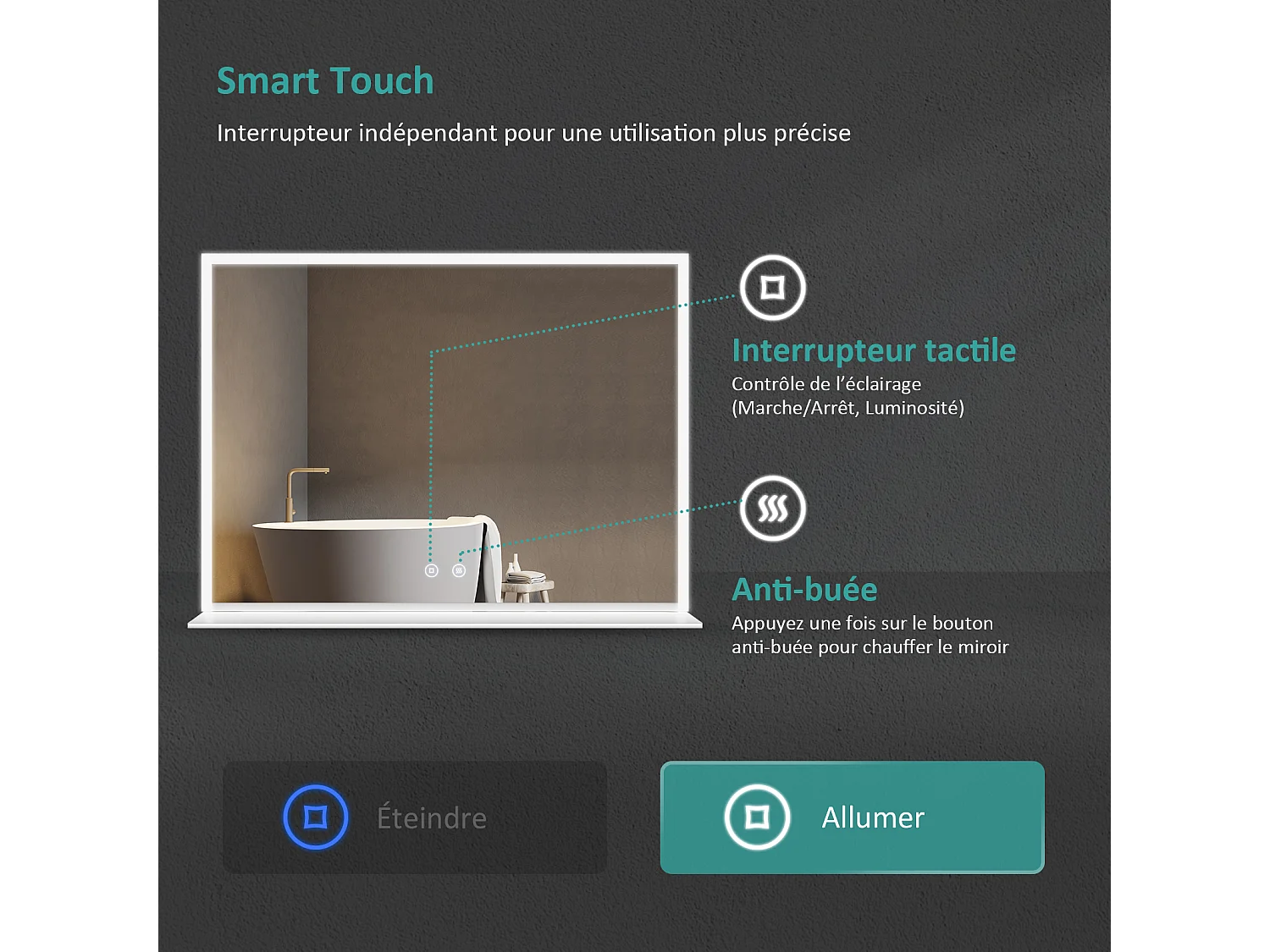 Miroir de salle de bain LED 80 x 60 cm avec étagère tactile anti-buée EMKE