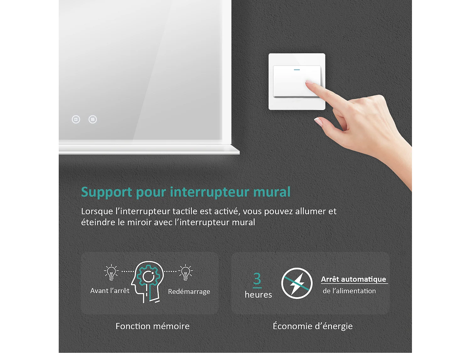 Miroir de salle de bain LED 80 x 60 cm avec étagère tactile anti-buée EMKE