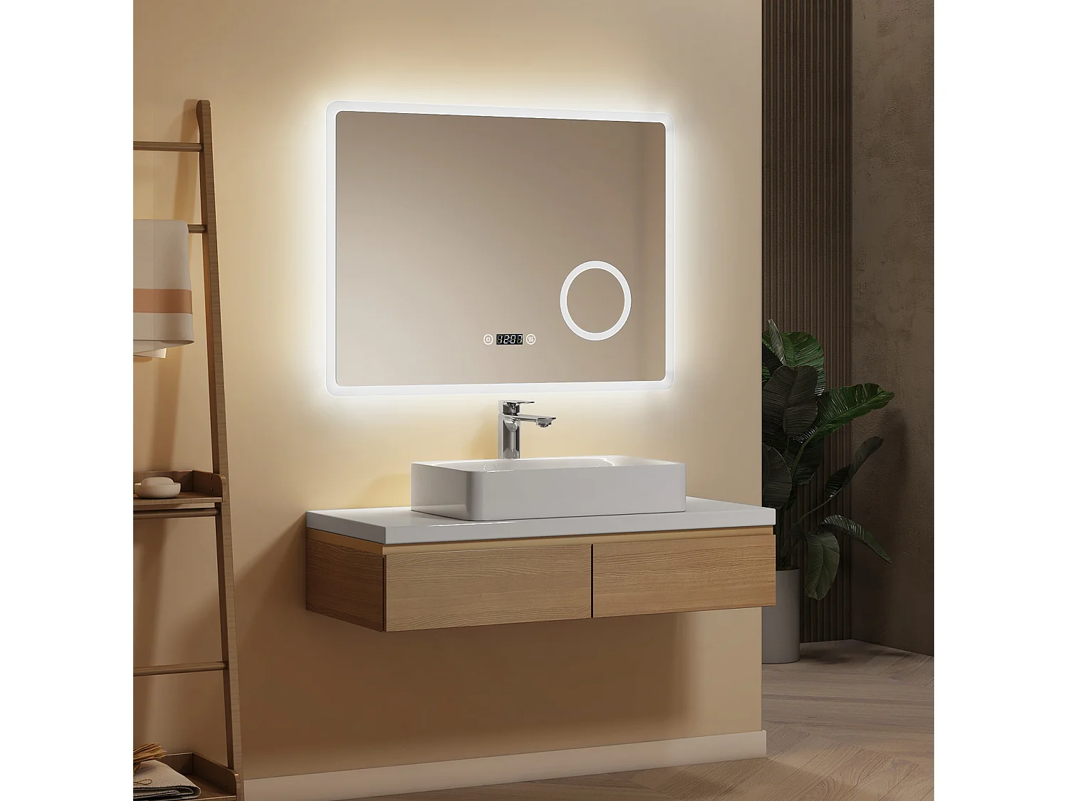 Specchio bagno LED 80x60cm orologio ingrandimento 3x touch EMKE