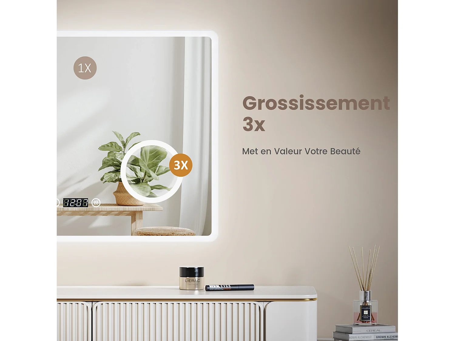 Specchio bagno LED 80x60cm orologio ingrandimento 3x touch EMKE