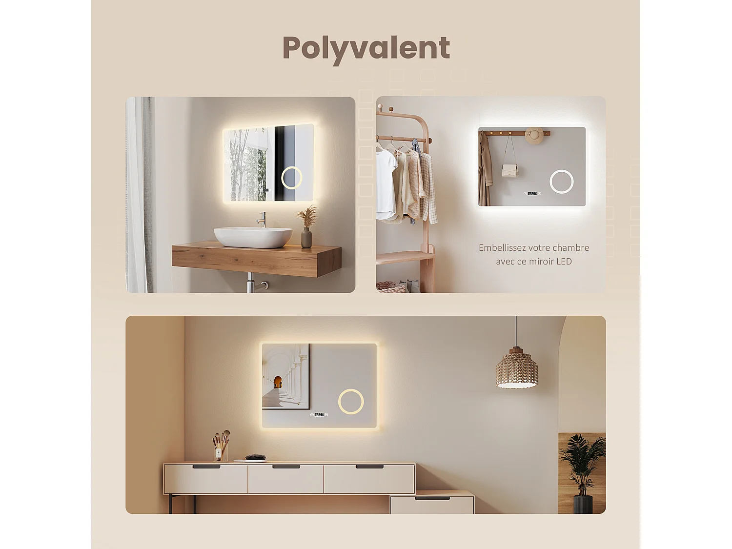 EMKE LED Badkamerspiegel 80 x 60 cm, Touchschakelaar, 3x Vergroting, Anti Condensfunctie, Klok, 3 Kleurtemperaturen