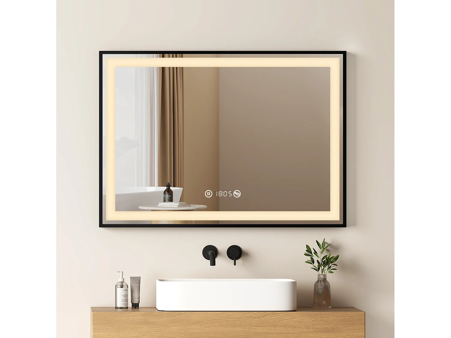 Badkamerspiegel LED 70x50cm zwart frame klok temperatuur EMKE