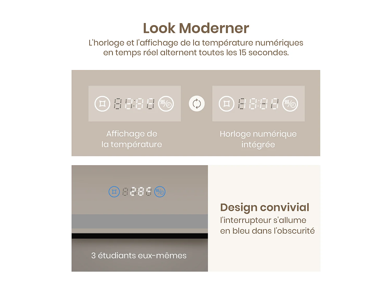Badkamerspiegel LED 70x50cm zwart frame klok temperatuur EMKE