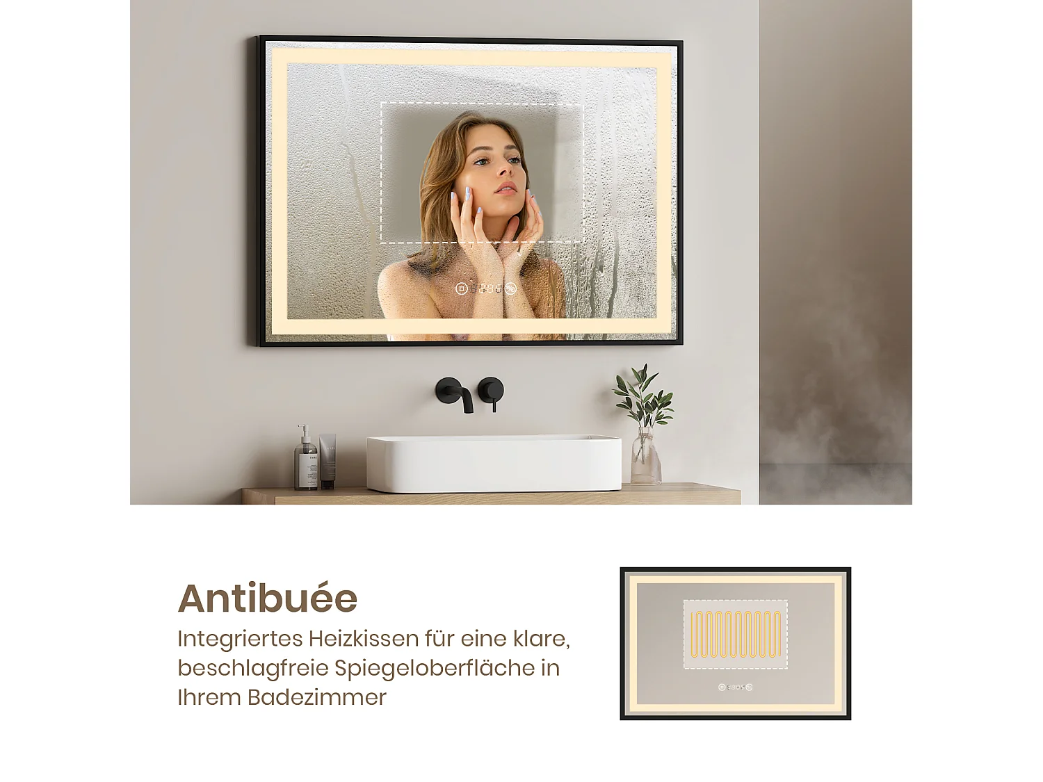 Badkamerspiegel LED 70x50cm zwart frame klok temperatuur EMKE