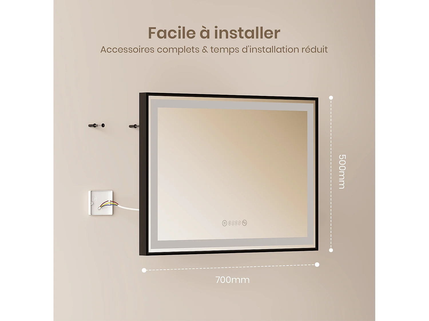 Badkamerspiegel LED 70x50cm zwart frame klok temperatuur EMKE