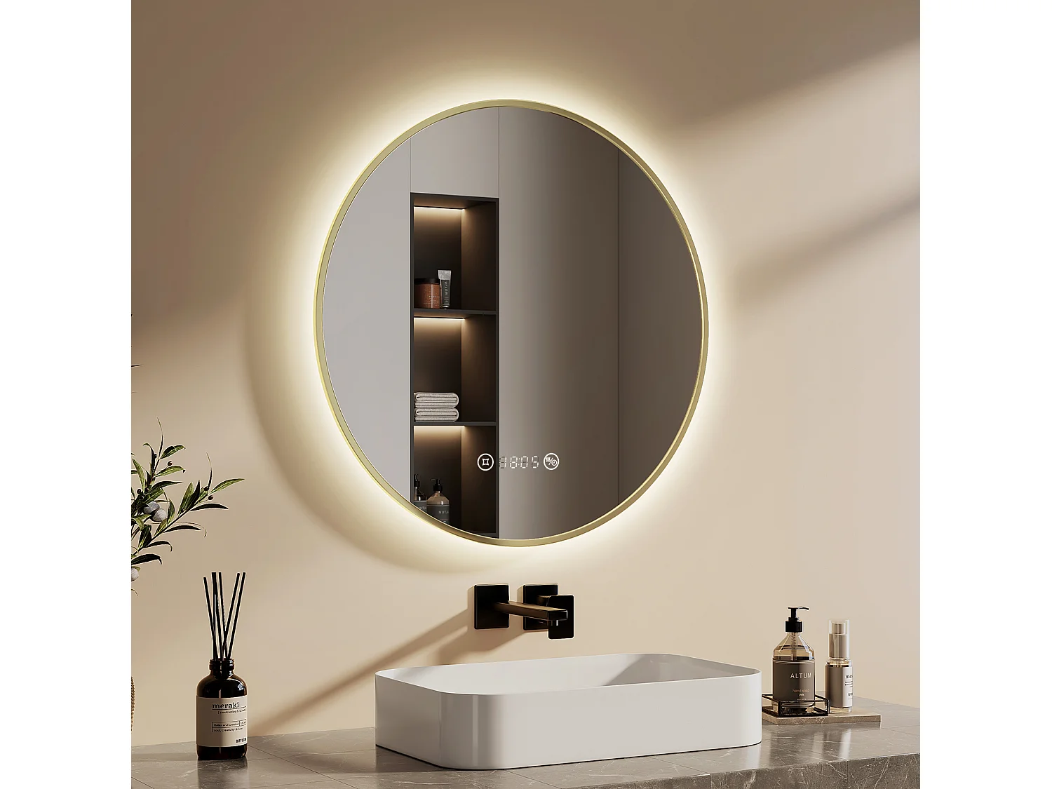 LED Badspiegel Rund ф70cm Goldener Rahmen Uhr Temperatur EMKE