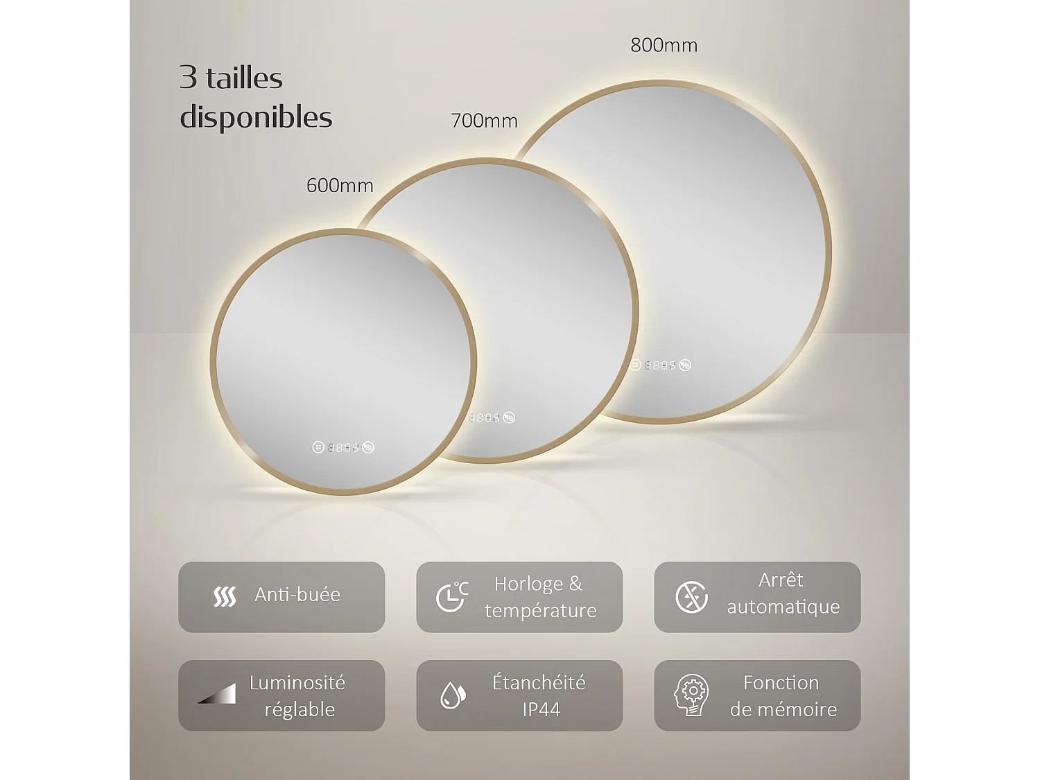 LED Badspiegel Rund ф70cm Goldener Rahmen Uhr Temperatur EMKE