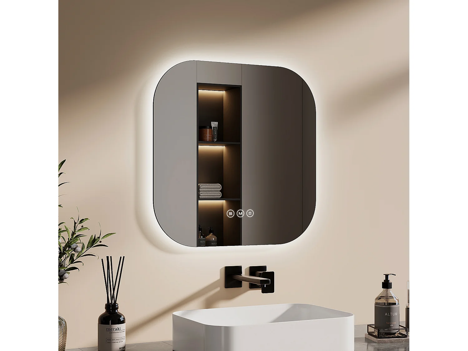 Miroir de salle de bain LED 50x50cm rétro-éclairé tactile anti-buée EMKE