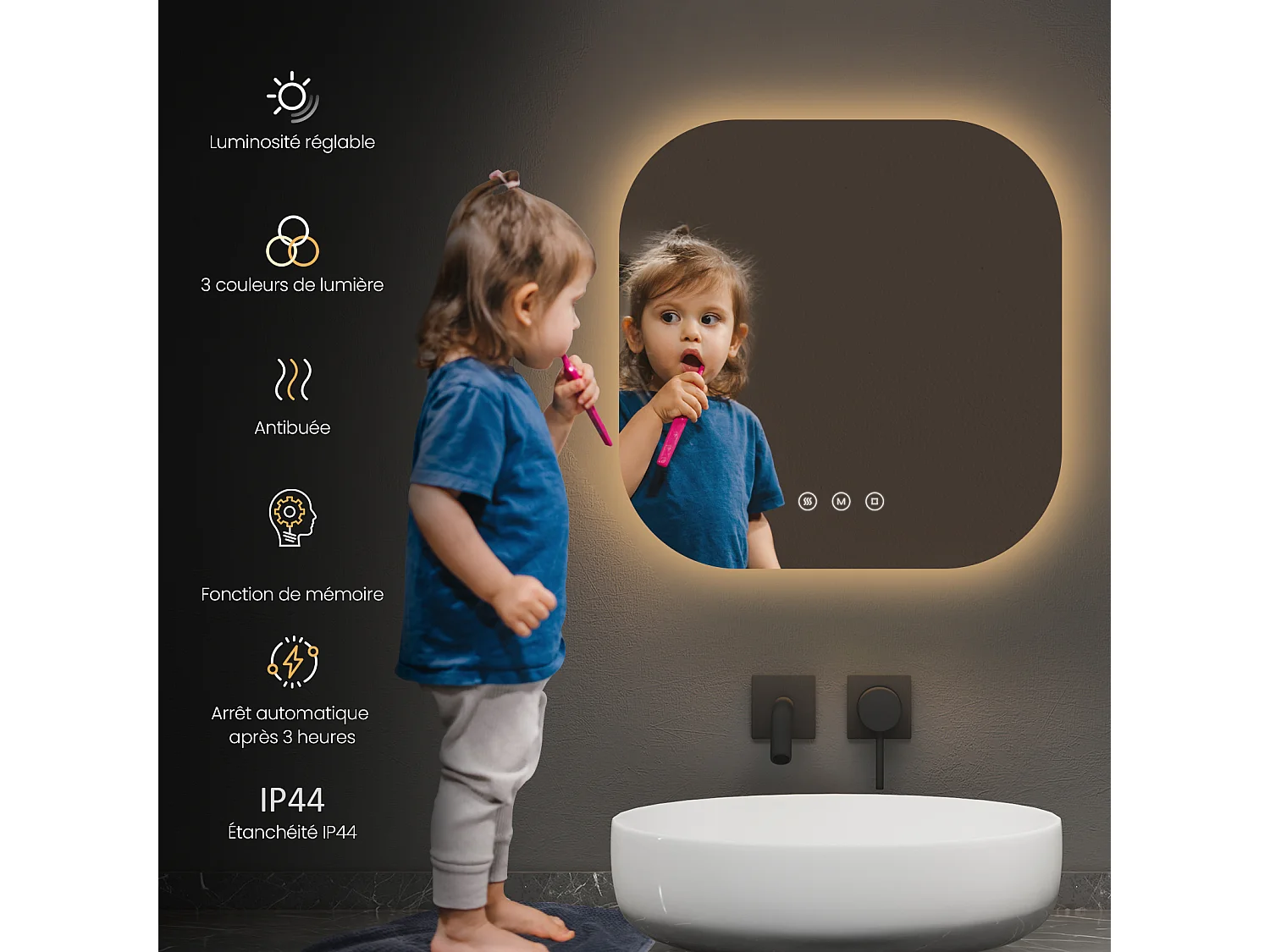 Miroir de salle de bain LED 50x50cm rétro-éclairé tactile anti-buée EMKE