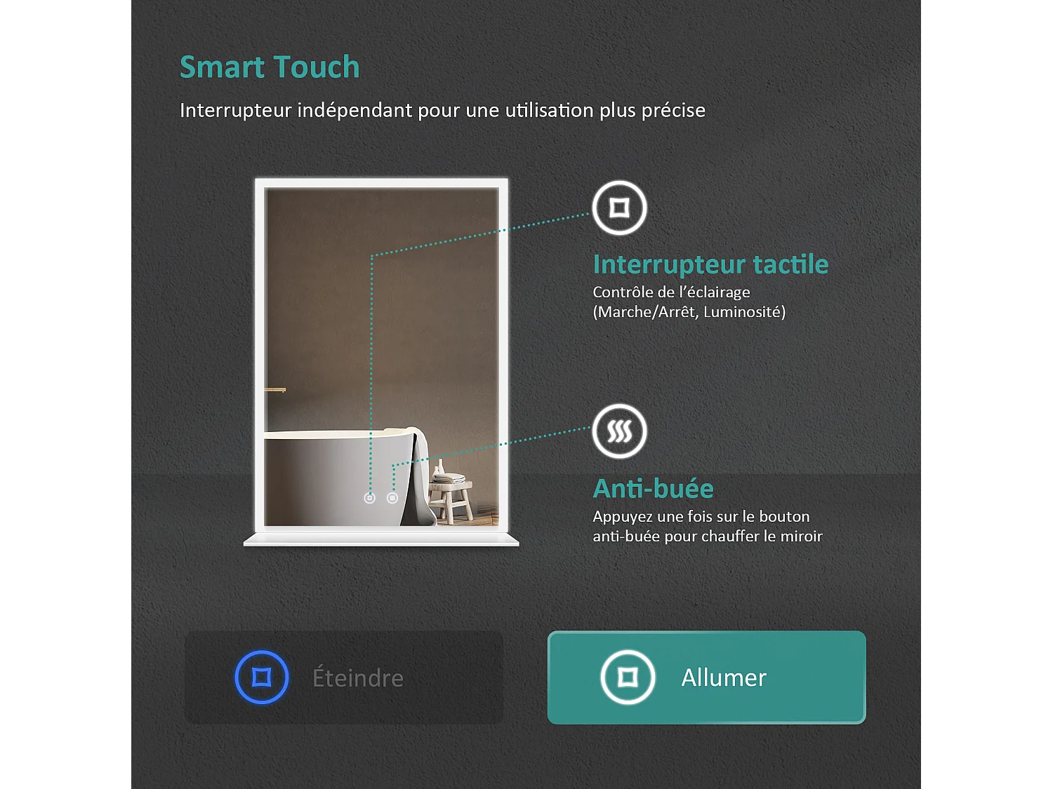 LED Badspiegel 70x50cm mit Ablage Touch-Schalter Antibeschlag EMKE