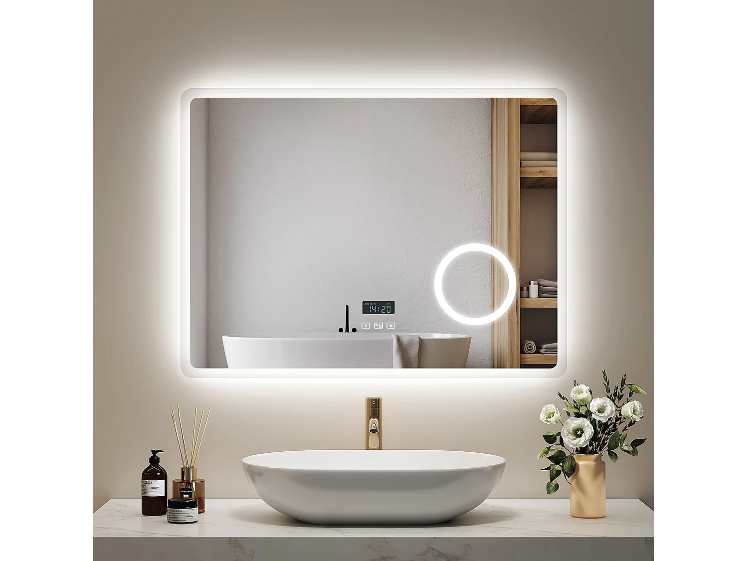 Miroir de salle de bain LED 80x60cm Bluetooth horloge loupe tactile EMKE