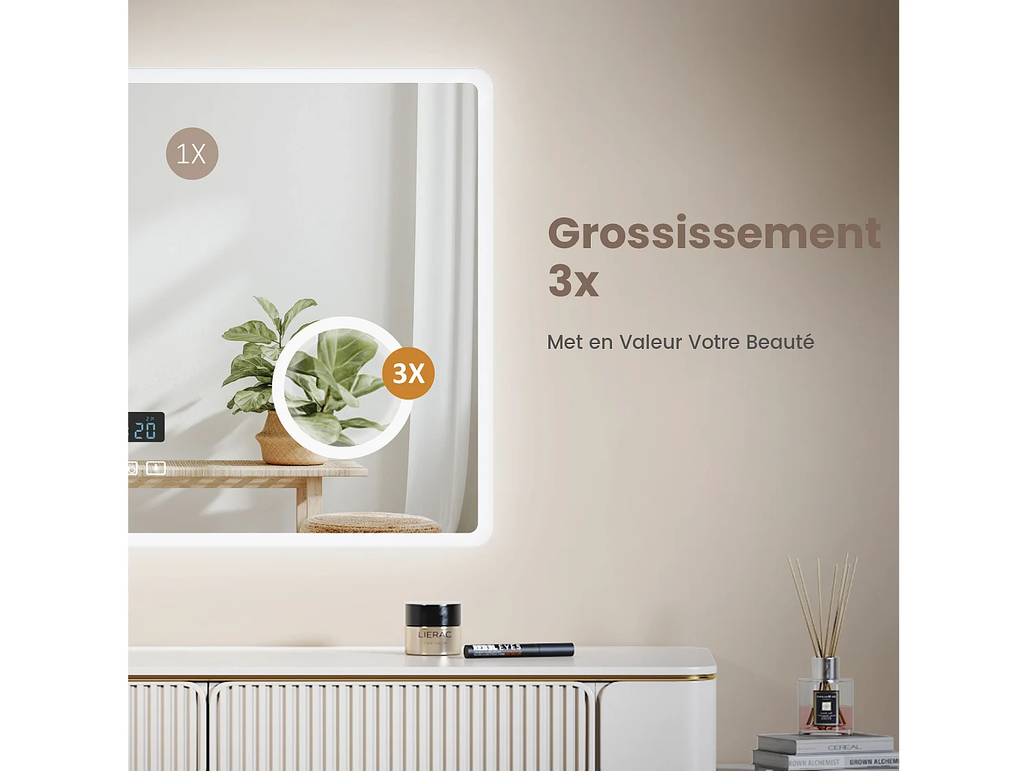 Miroir de salle de bain LED 80x60cm Bluetooth horloge loupe tactile EMKE