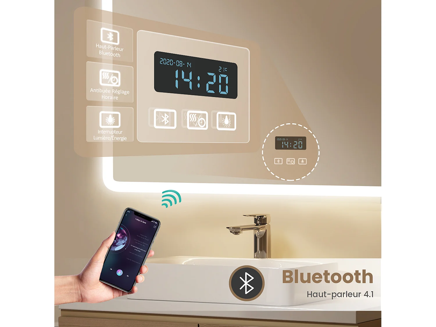 Miroir de salle de bain LED 80x60cm Bluetooth horloge loupe tactile EMKE