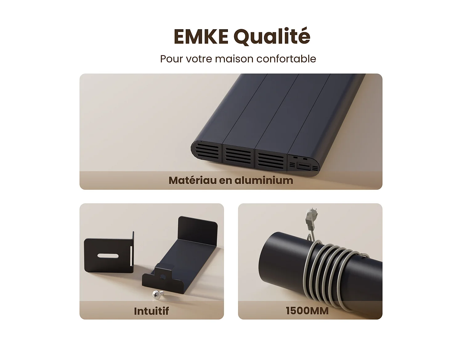 Radiateur intelligent EMKE à Courbe 1000W - 1600x362mm - Contrôle WiFi, Alexa, Google Home - Anthracite