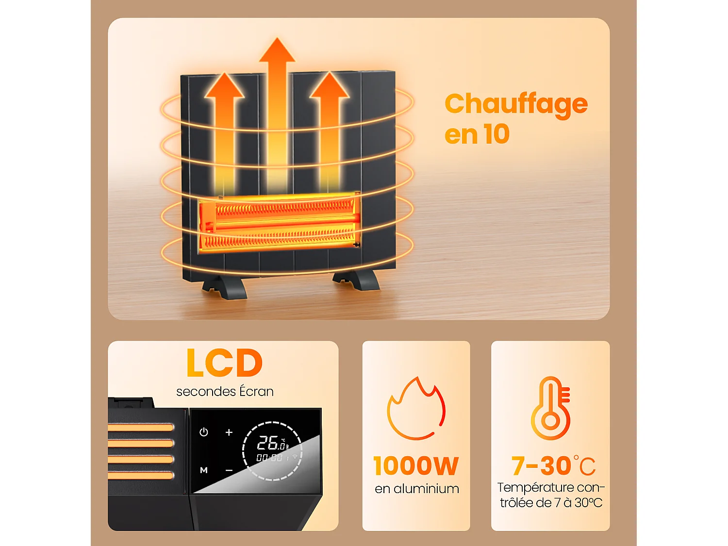 Radiateur Intelligent EMKE 1000W - Contrôle WiFi, Alexa et Google - Écran LCD - Murale ou Sur Pieds - Anthracite