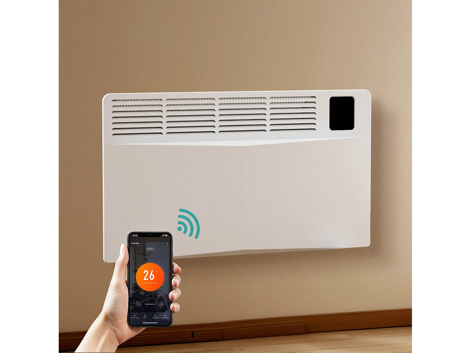 EMKE Radiateur Électrique Mobile WiFi 2000 W Verre Blanc Écran Tactile LED Mural ou sur Pieds IP24
