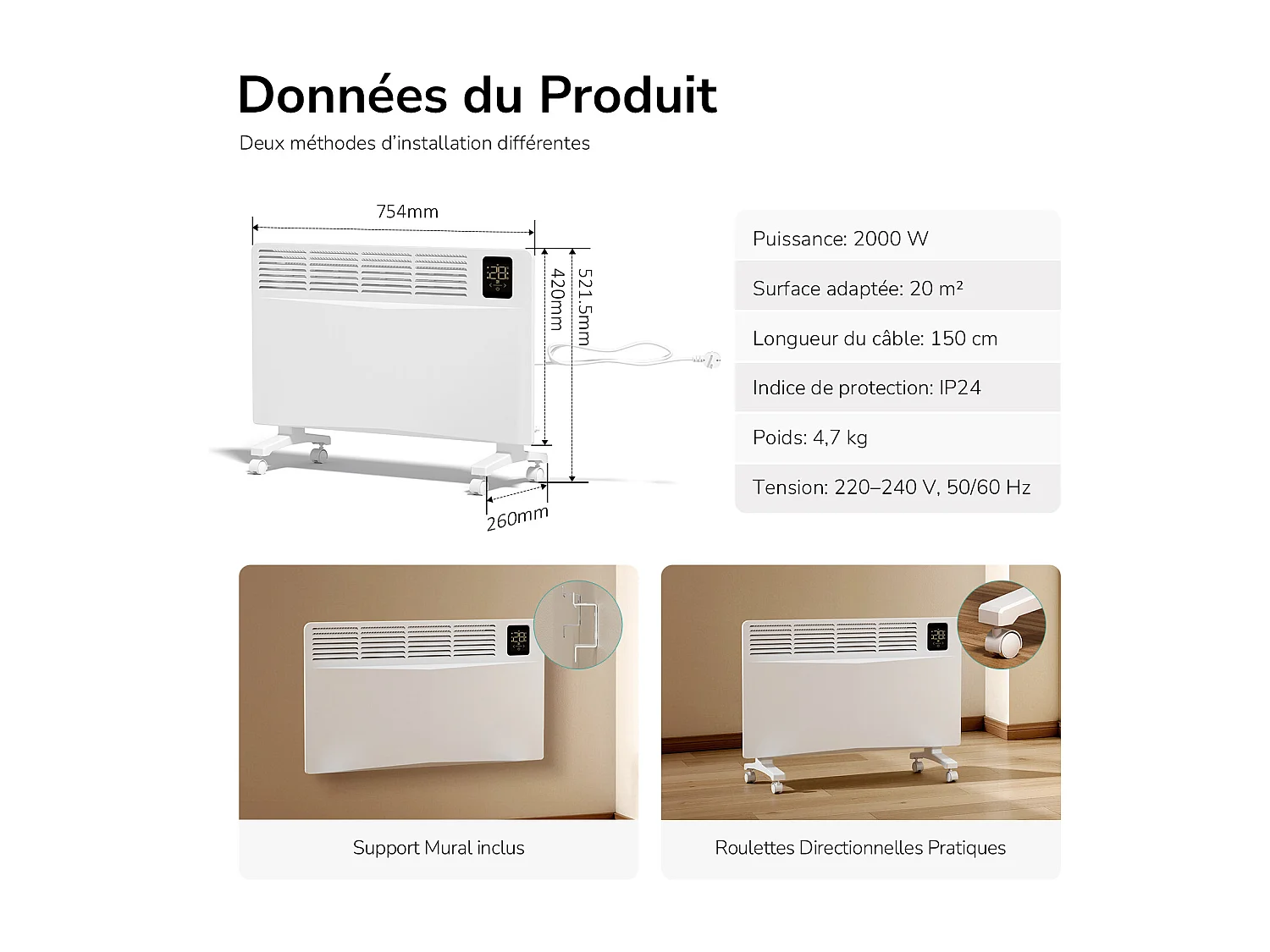 EMKE Radiateur Électrique Mobile WiFi 2000 W Verre Blanc Écran Tactile LED Mural ou sur Pieds IP24