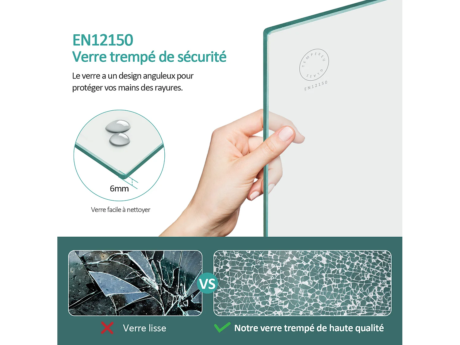 EMKE Pare baignoire verre trempé 6 mm transparent L.70 × H.140 cm avec revêtement nano