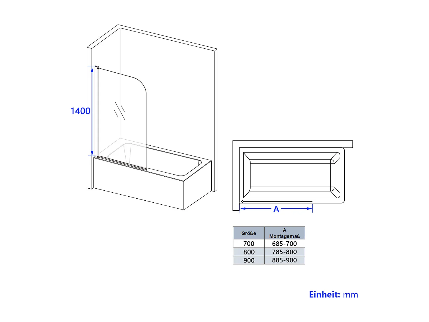 EMKE Pare baignoire verre trempé 6 mm transparent L.70 × H.140 cm avec revêtement nano
