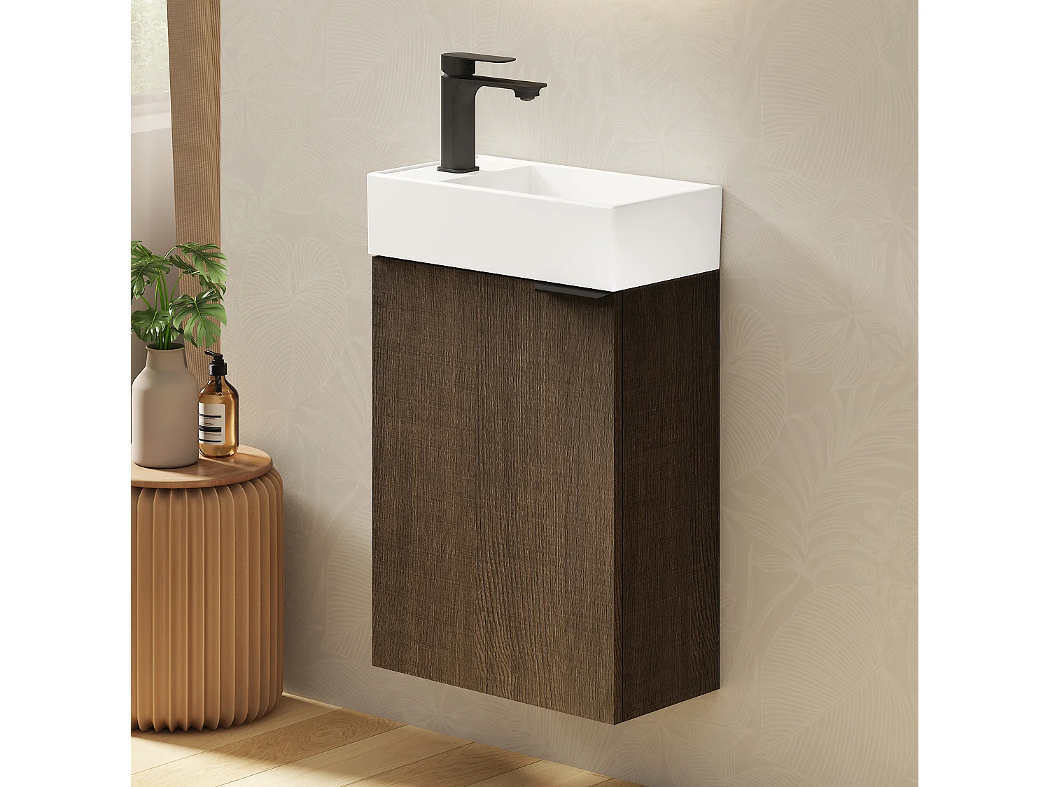 EMKE Meuble salle de bain mural vasque céramique blanche moderne finition bois foncé L.41.7 x H.64.6 cm