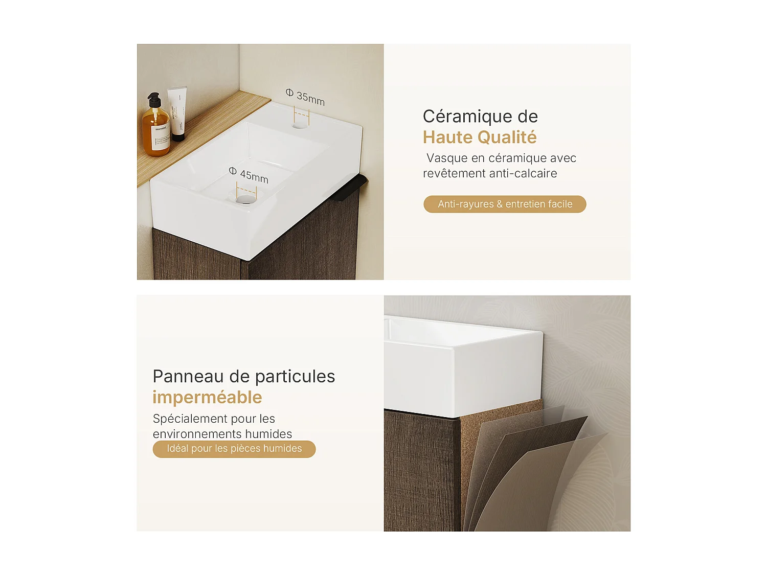 EMKE Meuble salle de bain mural vasque céramique blanche moderne finition bois foncé L.41.7 x H.64.6 cm