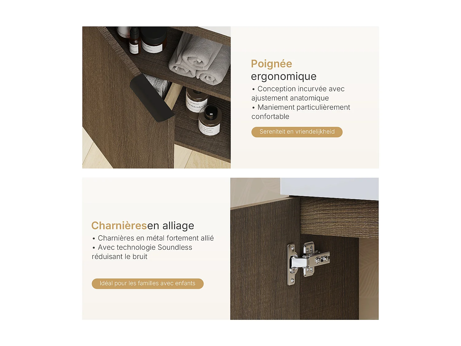EMKE Meuble salle de bain mural vasque céramique blanche moderne finition bois foncé L.41.7 x H.64.6 cm