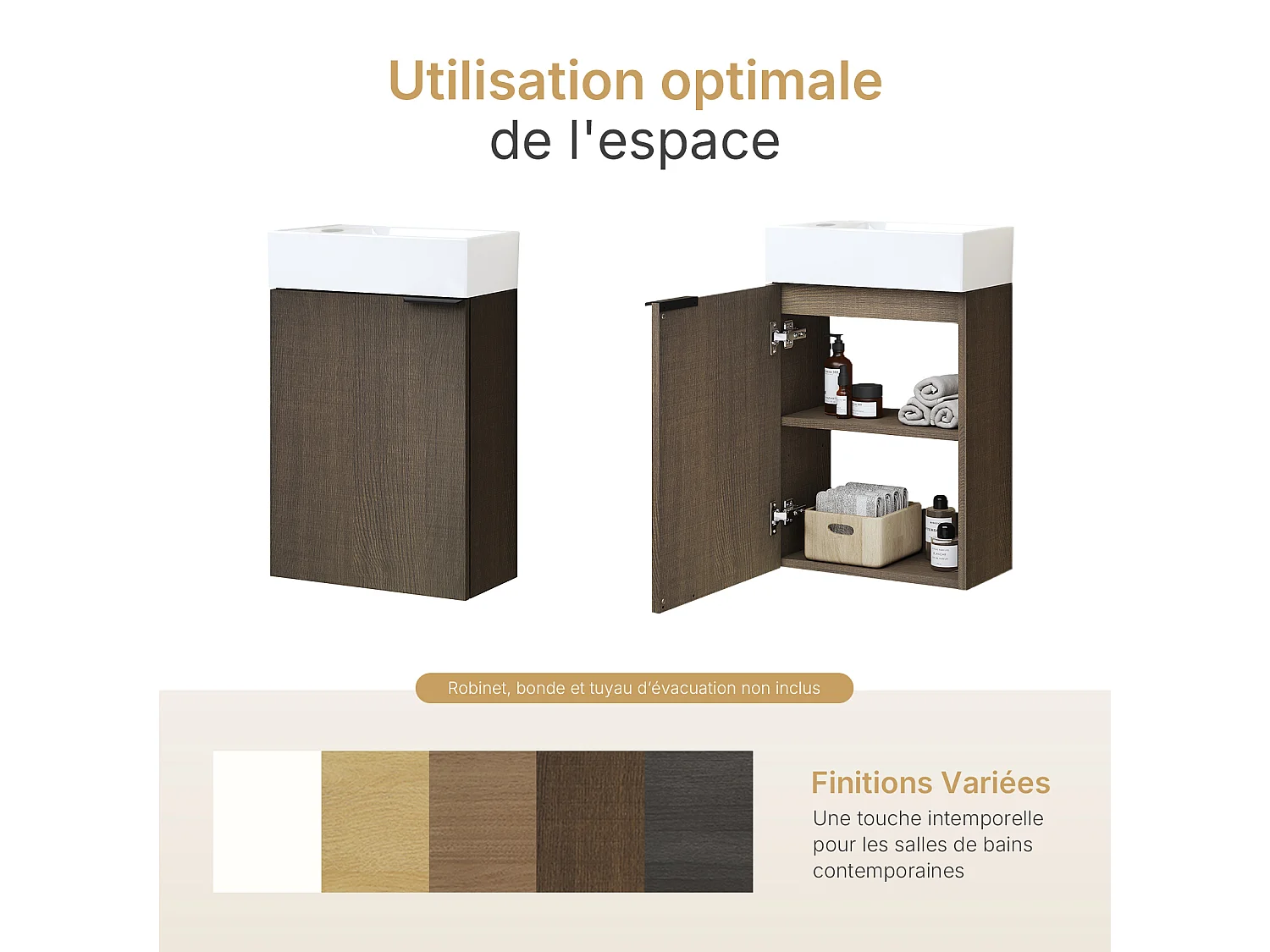 EMKE Meuble salle de bain mural vasque céramique blanche moderne finition bois foncé L.41.7 x H.64.6 cm